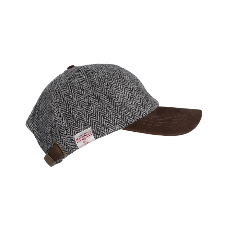Made in UK Harris Tweed Baseball Cap with Suede Leather Peak One Size Steel Grey